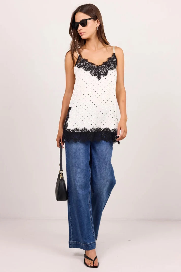 Georgia Zoe Noir Ivory Polka Dot Satin Lace Trim Cami