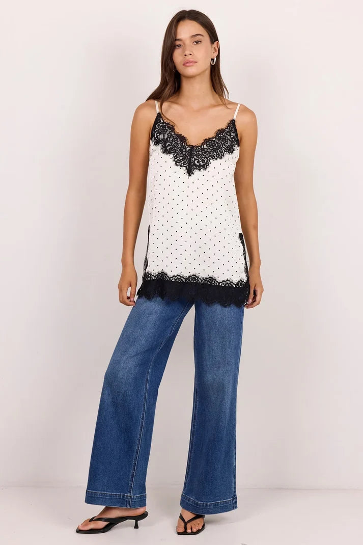 Georgia Zoe Noir Ivory Polka Dot Satin Lace Trim Cami