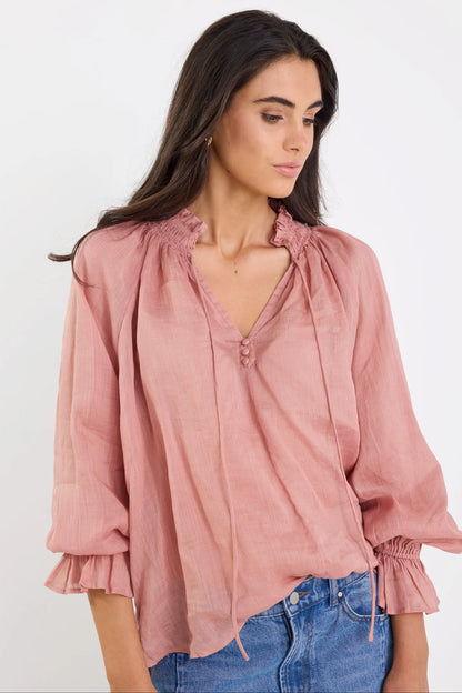 Among The Brave Odyssey Blush Shirred Neck Button Long Sleeve Top