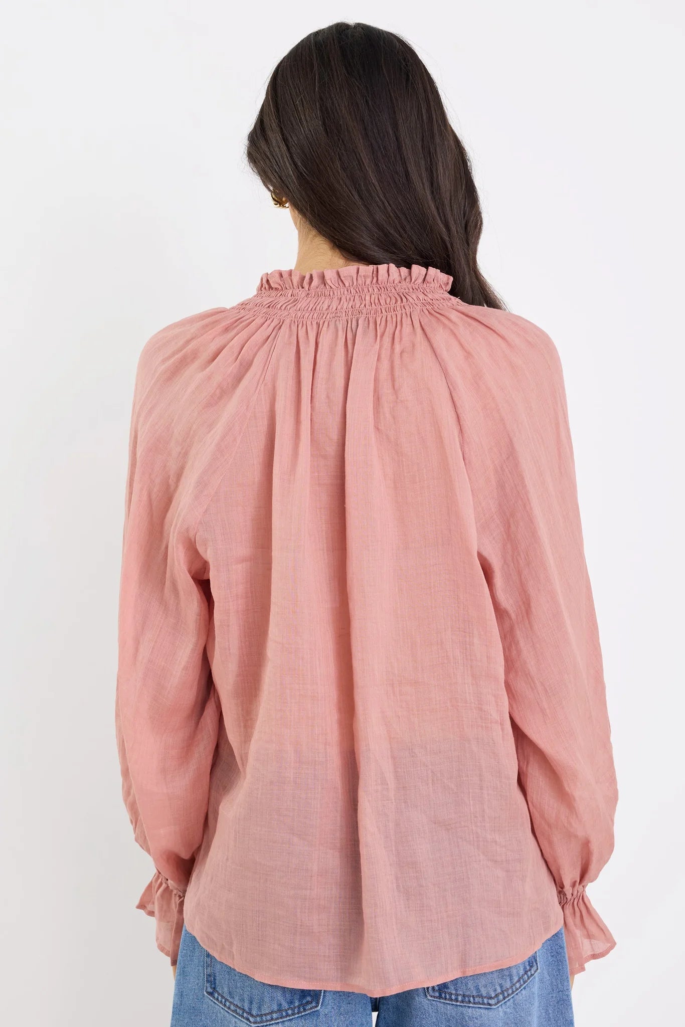 Among The Brave Odyssey Blush Shirred Neck Button Long Sleeve Top