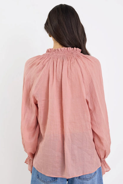 Among The Brave Odyssey Blush Shirred Neck Button Long Sleeve Top