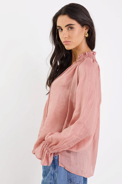 Among The Brave Odyssey Blush Shirred Neck Button Long Sleeve Top