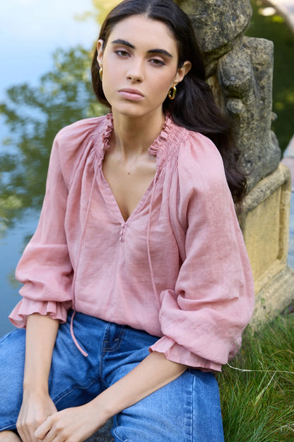 Among The Brave Odyssey Blush Shirred Neck Button Long Sleeve Top