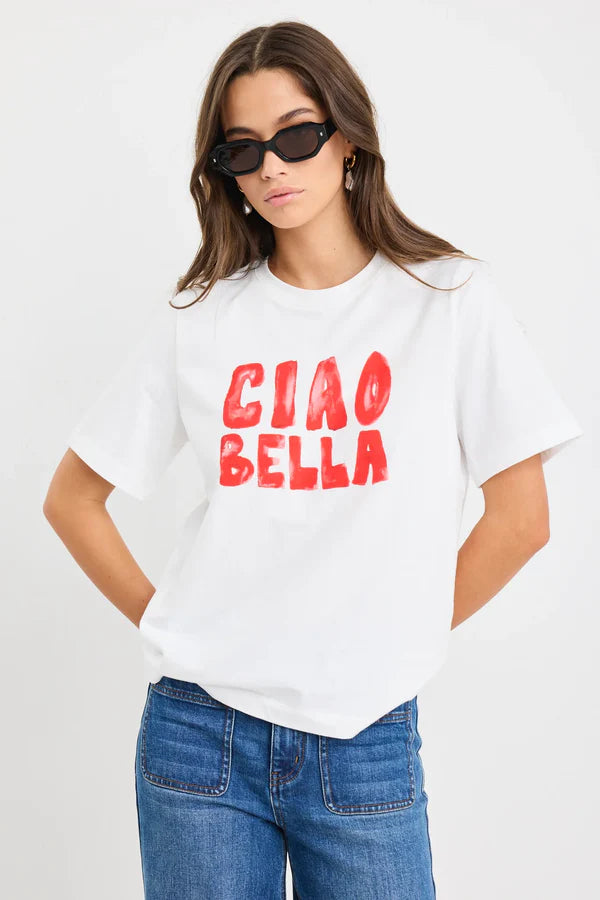 Among The Brave Paradiso Ciao Print Ivory Boxy Tee