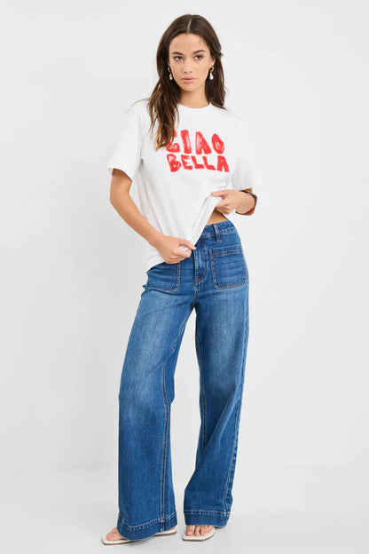 Among The Brave Paradiso Ciao Print Ivory Boxy Tee