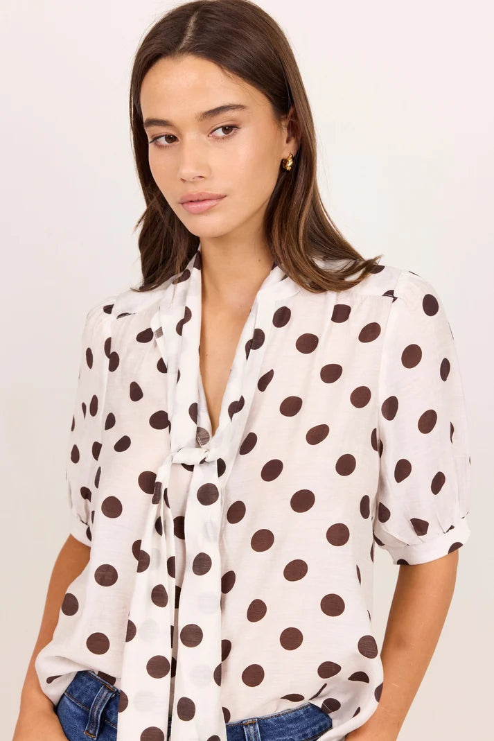 Stories Be Told Providence Chocolate Polka Tie Neck Short Sleeve Top