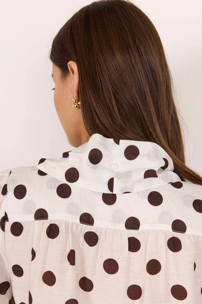 Stories Be Told Providence Chocolate Polka Tie Neck Short Sleeve Top