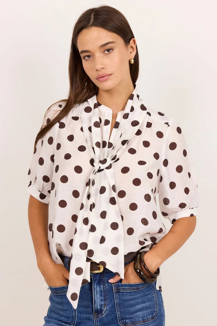 Stories Be Told Providence Chocolate Polka Tie Neck Short Sleeve Top
