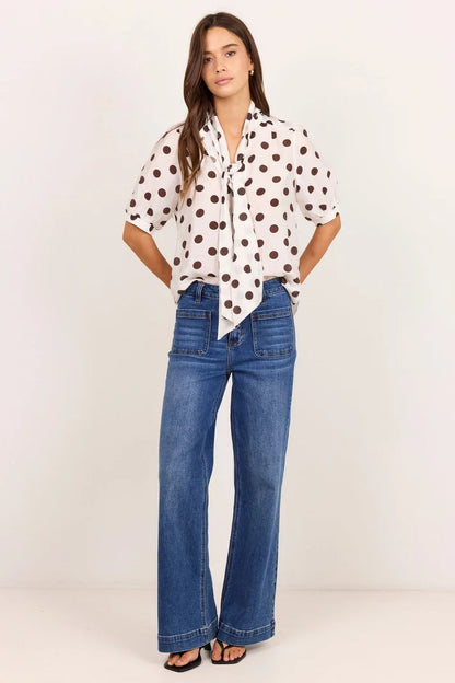 Stories Be Told Providence Chocolate Polka Tie Neck Short Sleeve Top