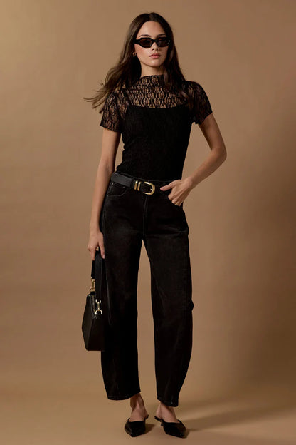 Among The Brave Providing Black Lace Short Sleeve Top