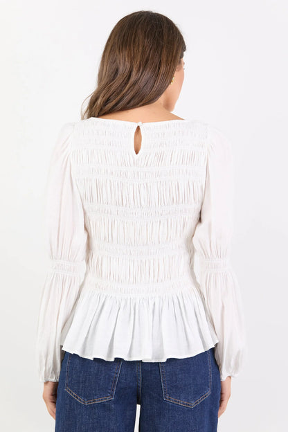 Among The Brave Required Ivory LS Shirred Bodice Top