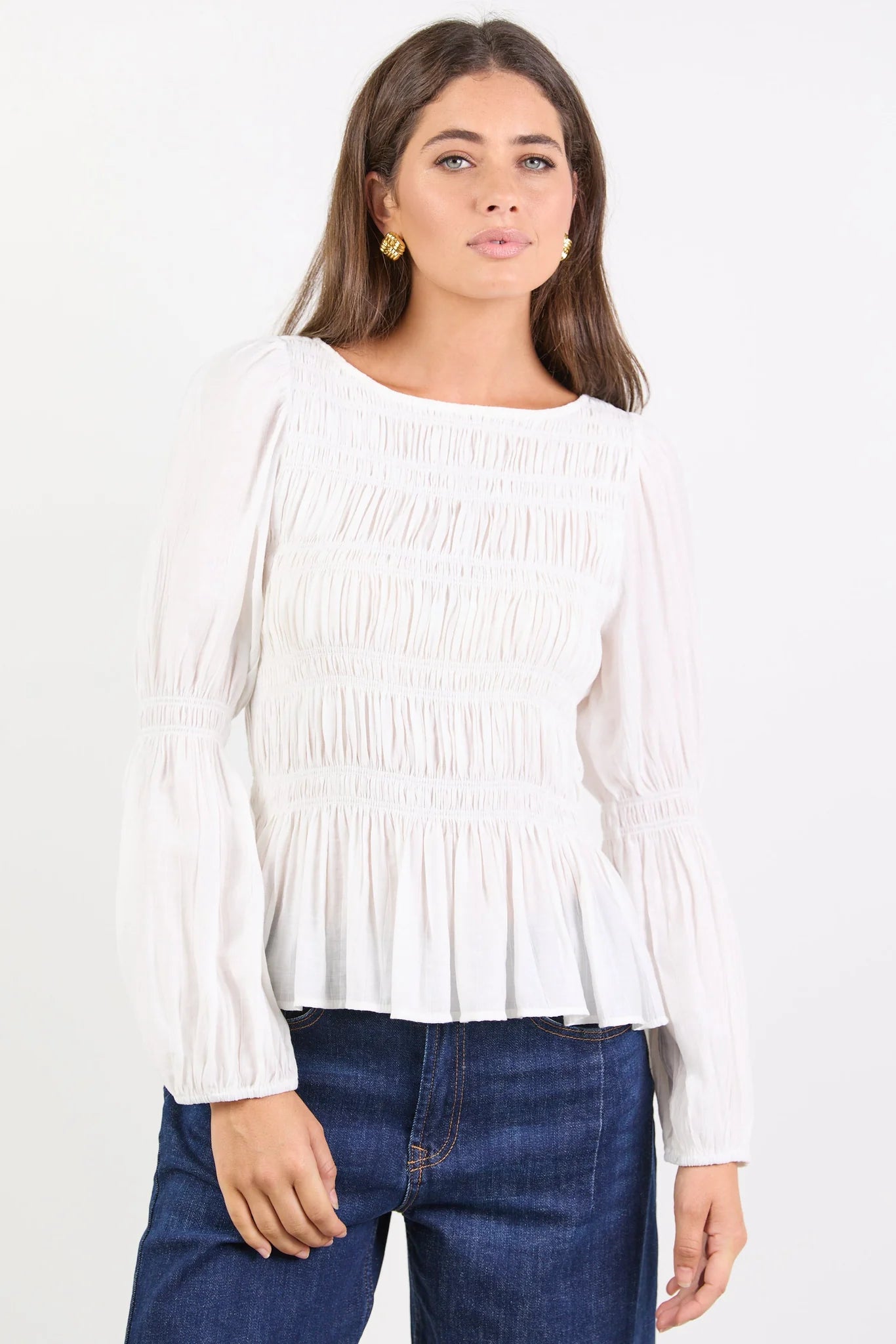 Among The Brave Required Ivory LS Shirred Bodice Top