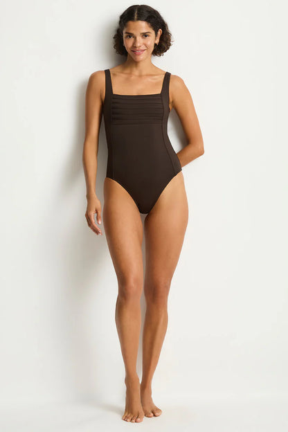 Sea Level De Luxe Square Neck Bralette One Piece Swimsuit Espresso