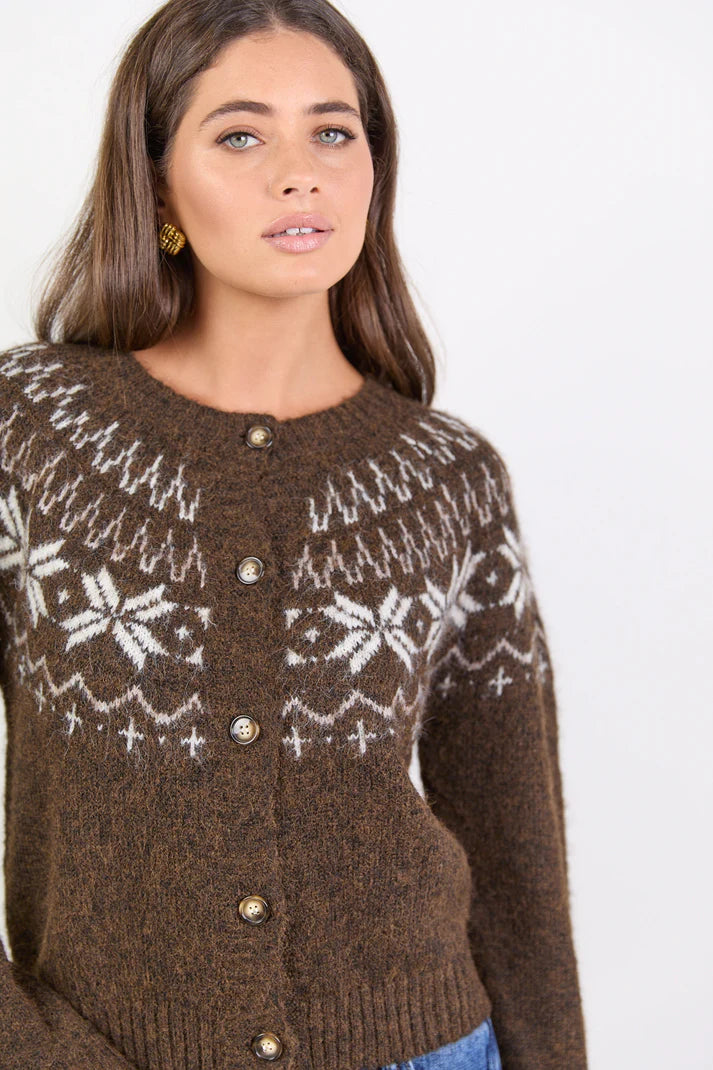 Among The Brave Shetland Chocolate Fairisle Detail Cardigan