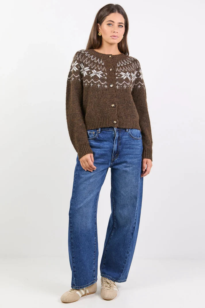 Among The Brave Shetland Chocolate Fairisle Detail Cardigan
