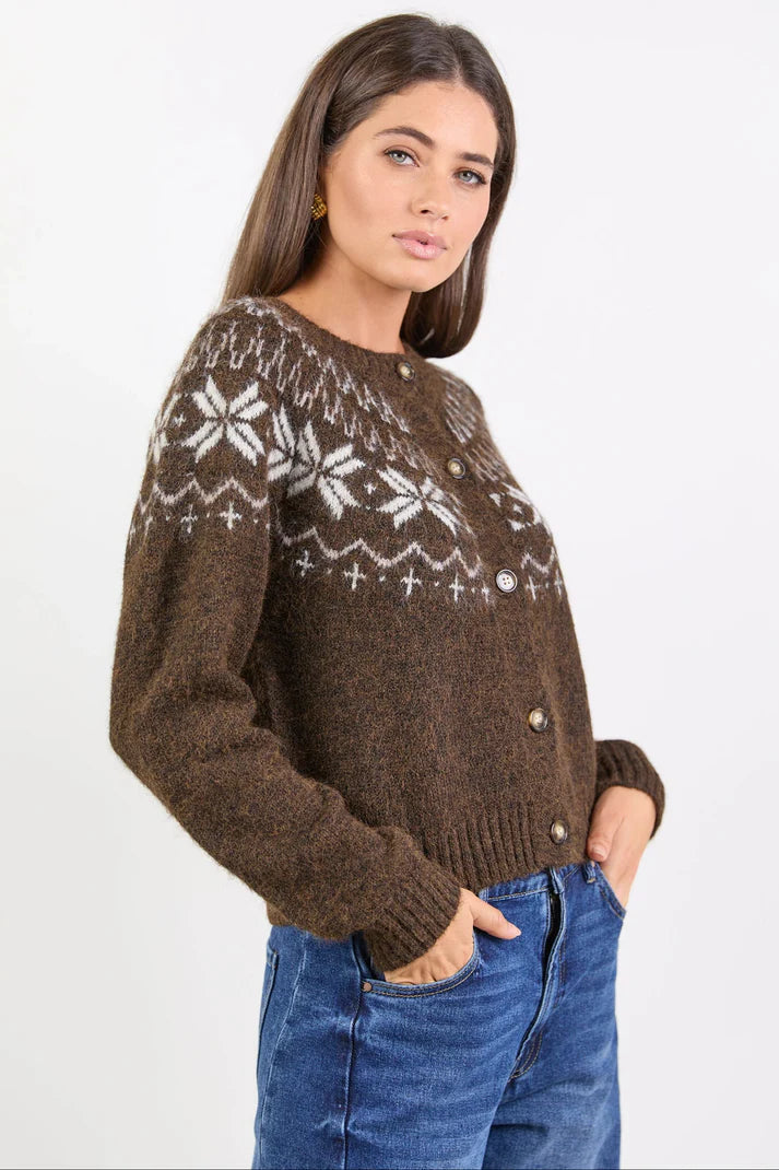 Among The Brave Shetland Chocolate Fairisle Detail Cardigan