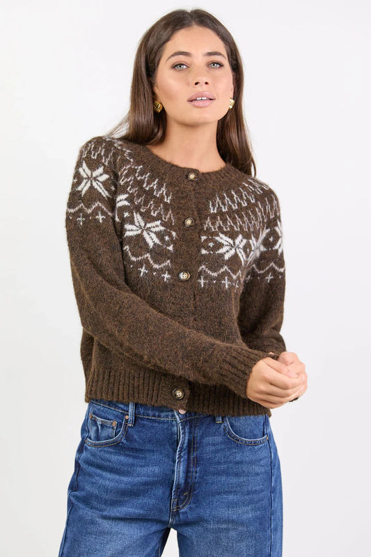 Among The Brave Shetland Chocolate Fairisle Detail Cardigan