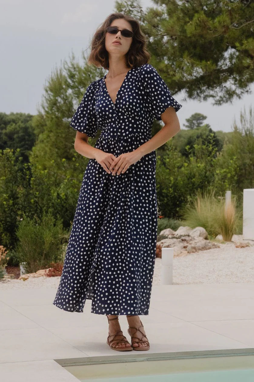 Stories Be Told Lisbon Navy Polka Dot Dress