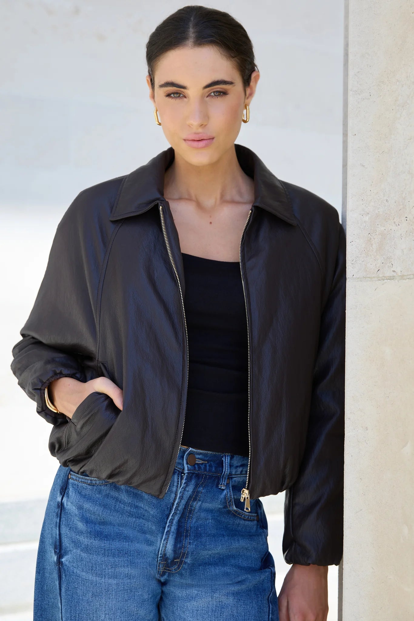 Stories Be Told Troupe Chocolate PU Leather Zip Through Bubble Hem Jacket