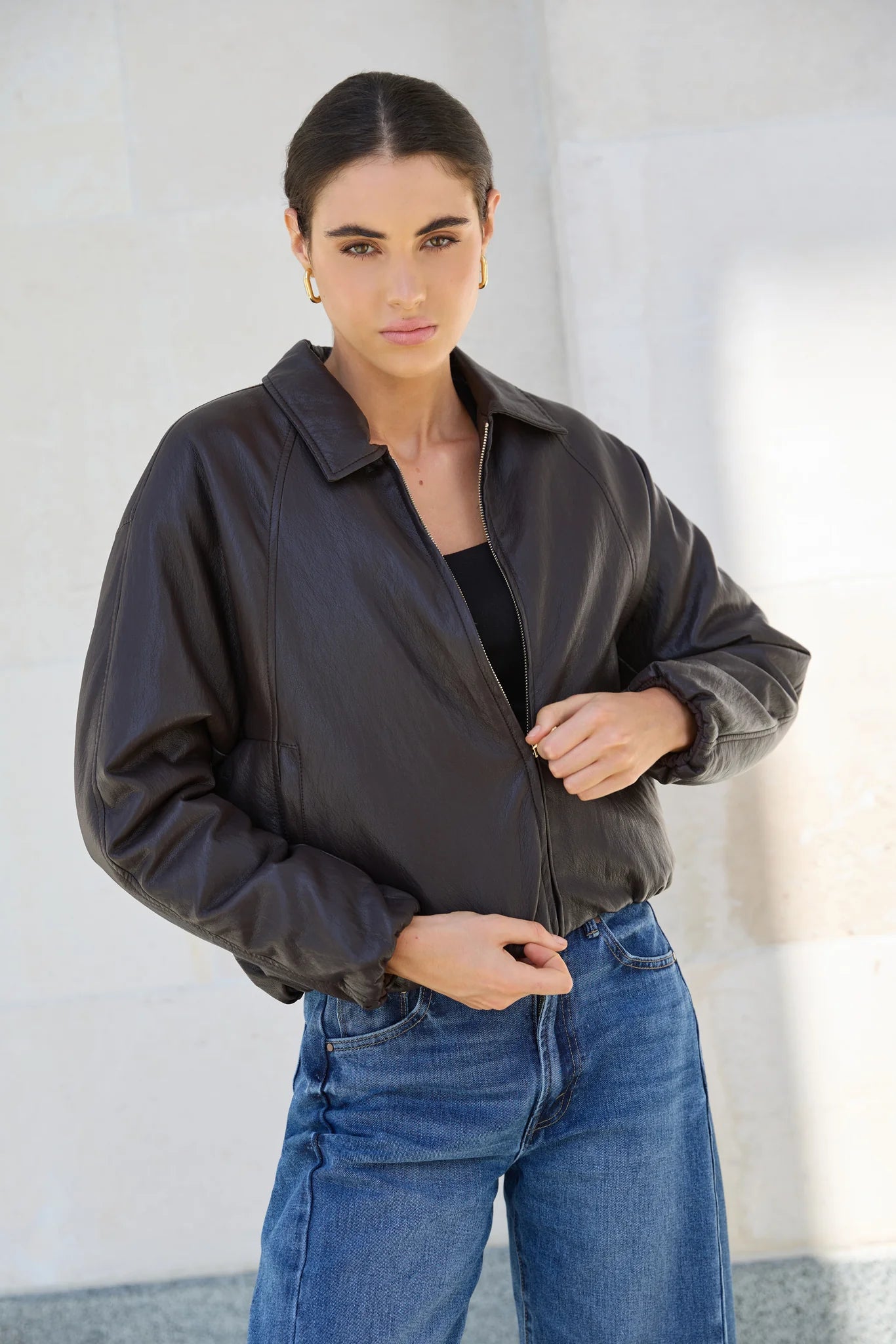 Stories Be Told Troupe Chocolate PU Leather Zip Through Bubble Hem Jacket