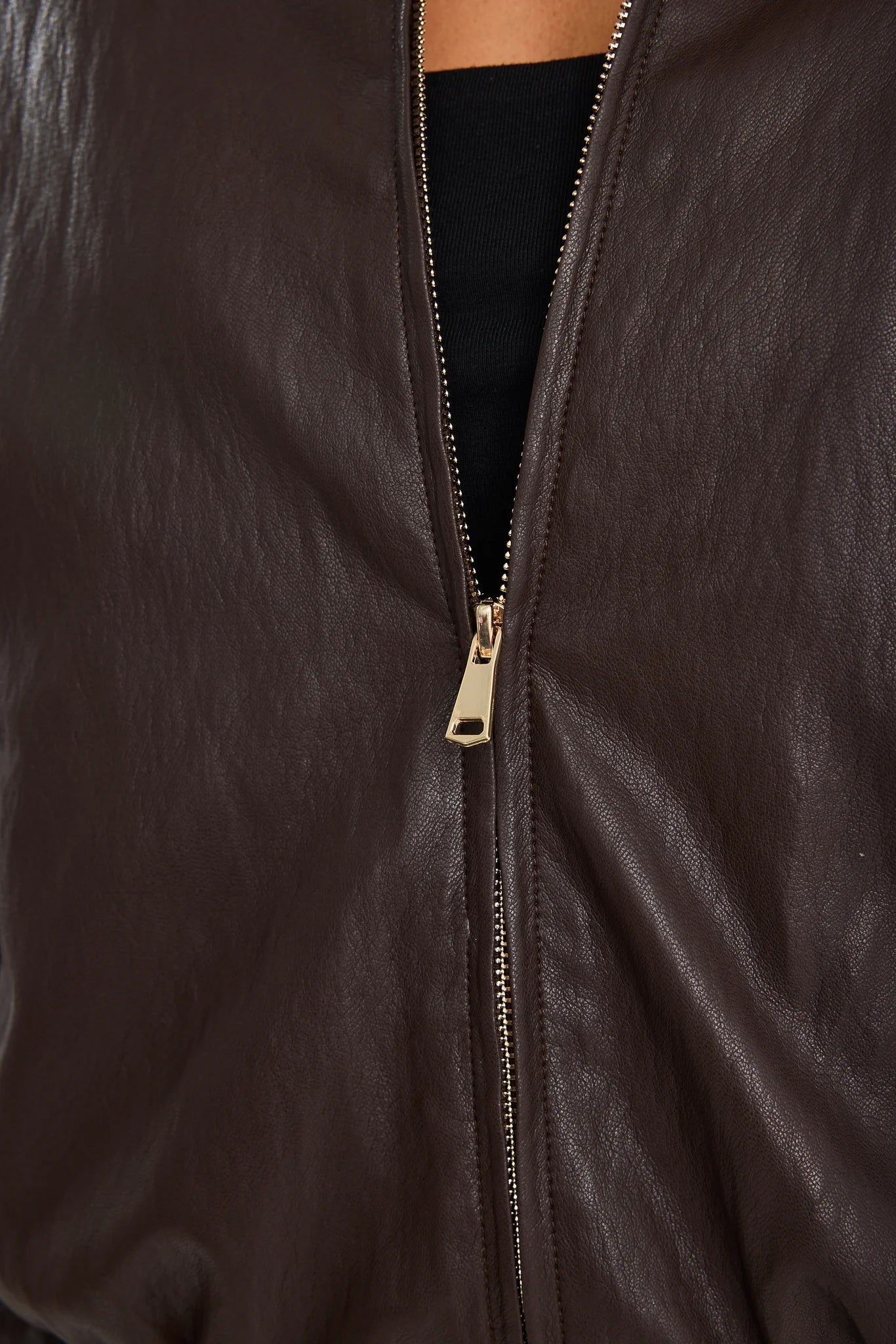 Stories Be Told Troupe Chocolate PU Leather Zip Through Bubble Hem Jacket