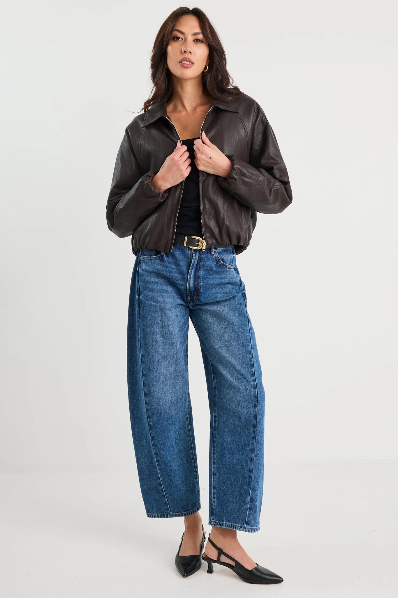 Stories Be Told Troupe Chocolate PU Leather Zip Through Bubble Hem Jacket