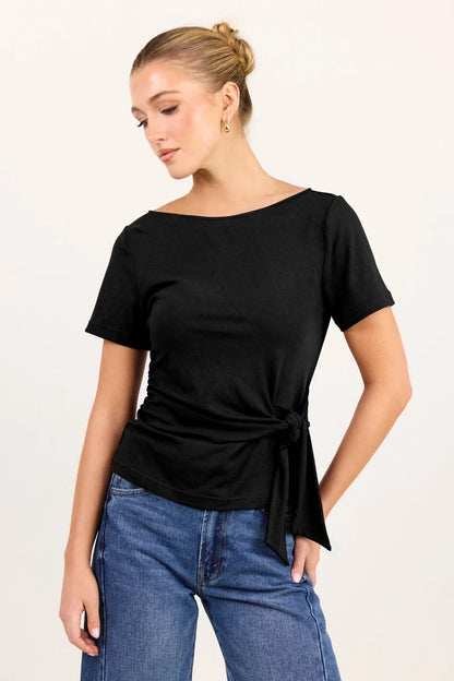Among The Brave Turn Black Boat Neck Knot Front Short Sleeve Top