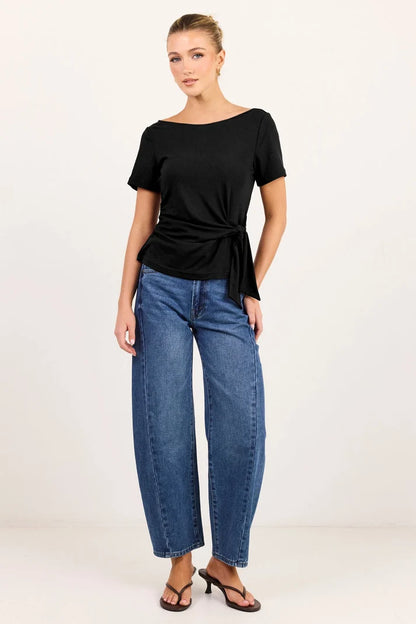 Among The Brave Turn Black Boat Neck Knot Front Short Sleeve Top