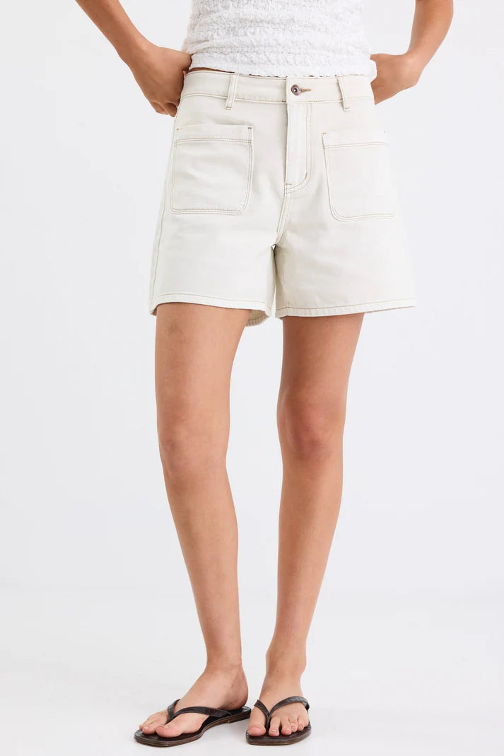 Stories Be Told Significant Ecru Denim Pocket Front Shorts