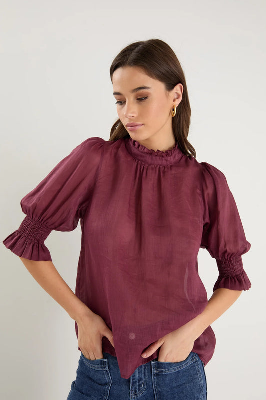 by.rosa Verse Burgundy/Plum Sheer High Neck Short Sleeve Top