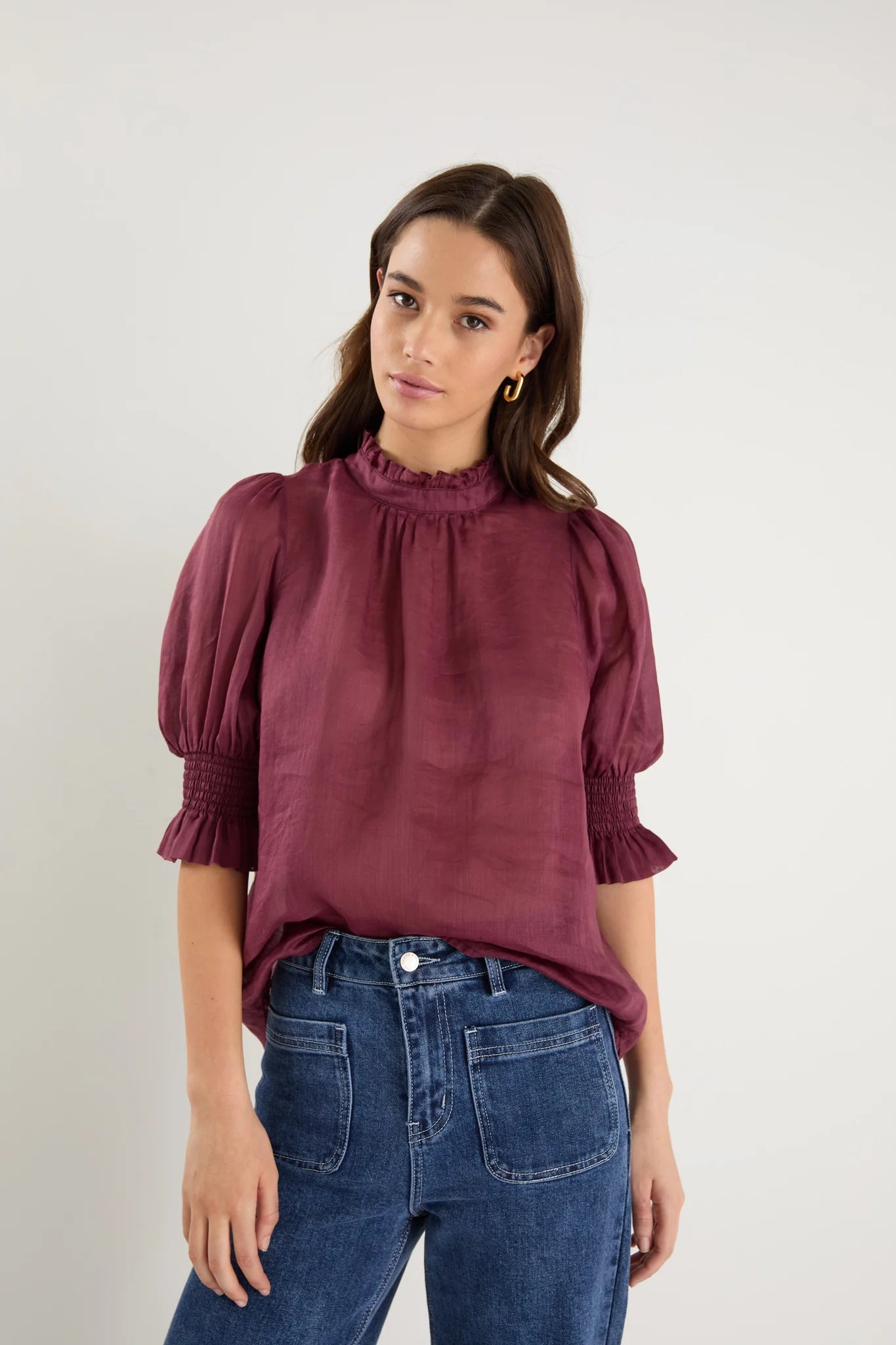 by.rosa Verse Burgundy/Plum Sheer High Neck Short Sleeve Top