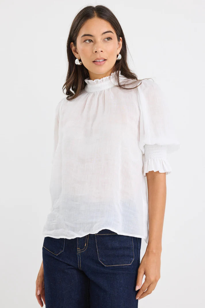 by Rosa Verse Ivory Sheer High Neck Short Sleeve Top