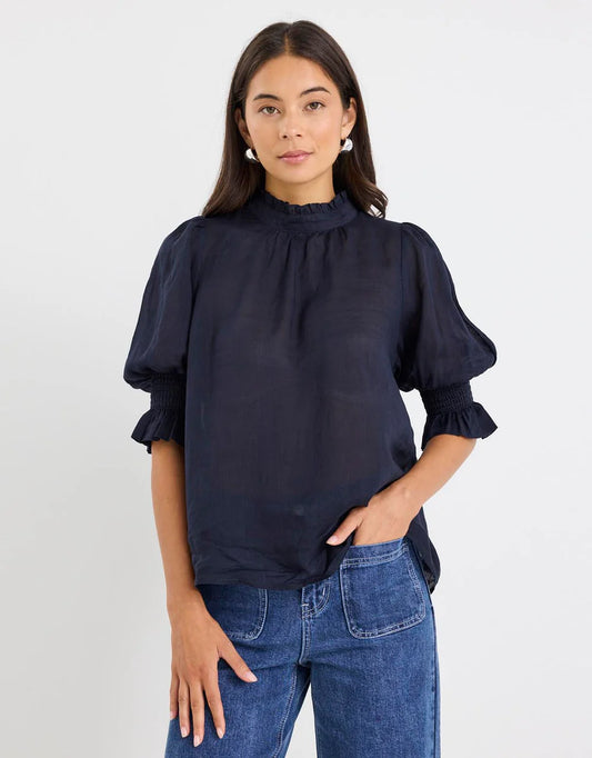 By Rosa Verse Navy Sheer High Neck Short Sleeve Top
