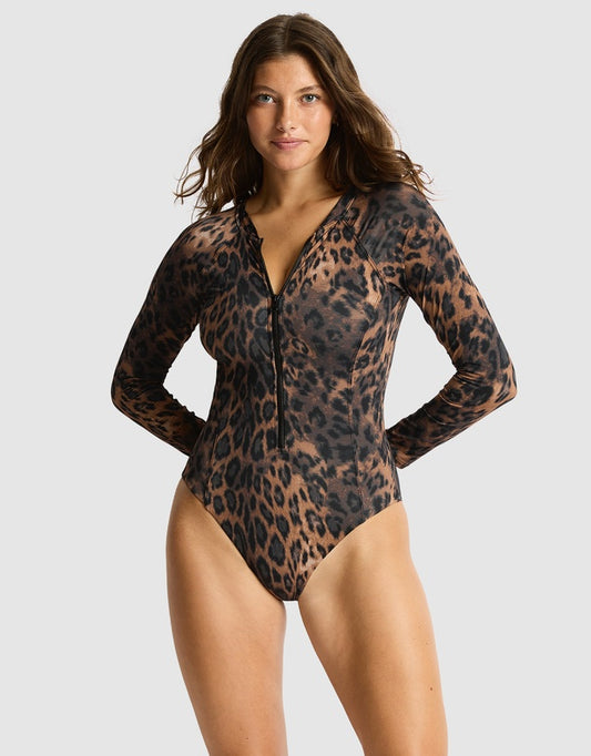 Sea Level Savanna Long Sleeved Surf Suit in Chocolate Leopard