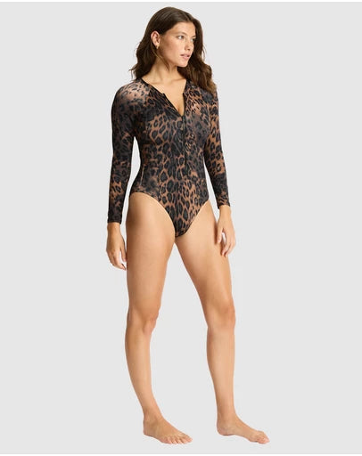 Sea Level Savanna Long Sleeved Surf Suit in Chocolate Leopard