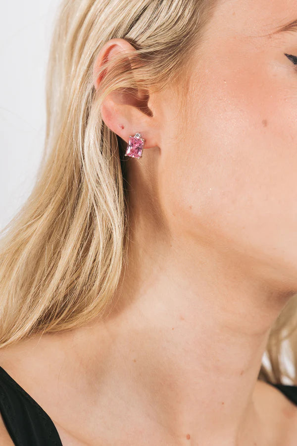 Federation Emerald Cut Stud in Clear or Black or Pink