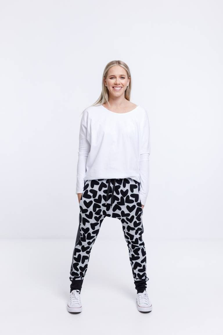 Home Lee Relaxer Pants - Grey Black Heart Print