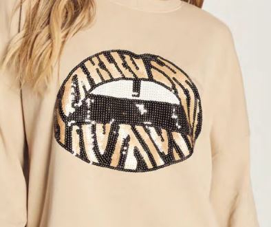 We Are The Others Slouchy Sweat in Sandstone with Zebra Sequin Lips