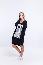 Home Lee Batwing Dress Black with Black and White Abstract