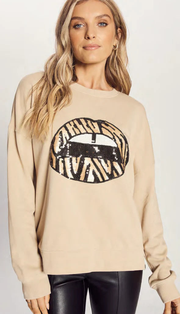 We Are The Others Slouchy Sweat in Sandstone with Zebra Sequin Lips
